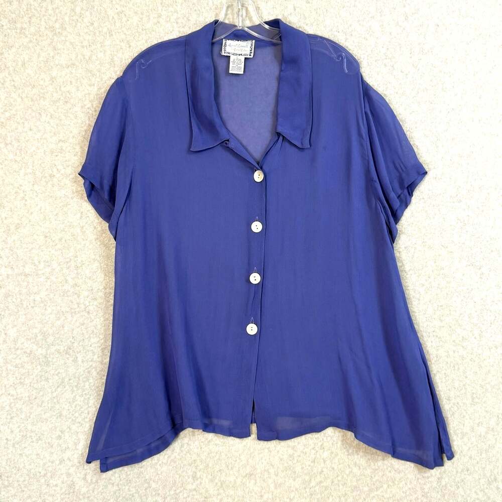April Cornell Trading Blouse Size L Rayon Sheer Short Sleeve Purple Cottagecore